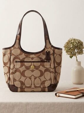 Coach Signature C Brown Jacquard New Shoulder Bag Heritage Traditional Neutral